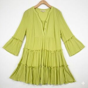 Indigo Thread Co. Dress Tiered Bell Sleeves Ruffles Lime Green Boho Coastal Sz L